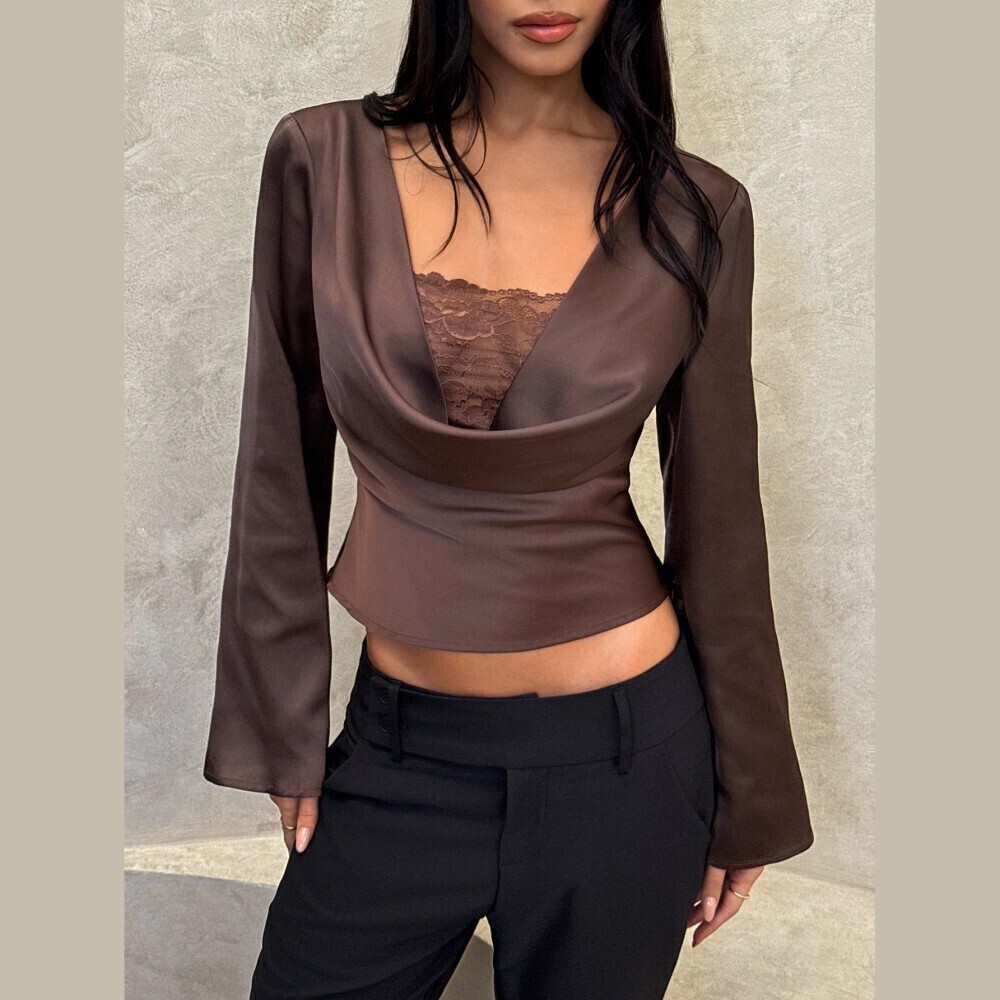 Brown Satin Cowl Neck Lace Trim Long Sleeve Crop Blouse